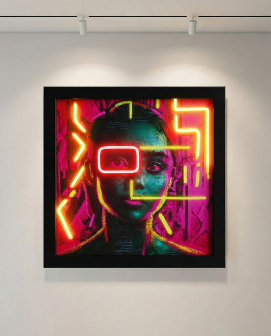 Neon art piece with a person wearing VR goggles surrounded by colorful geometric shapes.