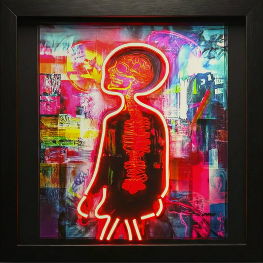 Neon-style artwork of a stylized figure against a colorful abstract background
