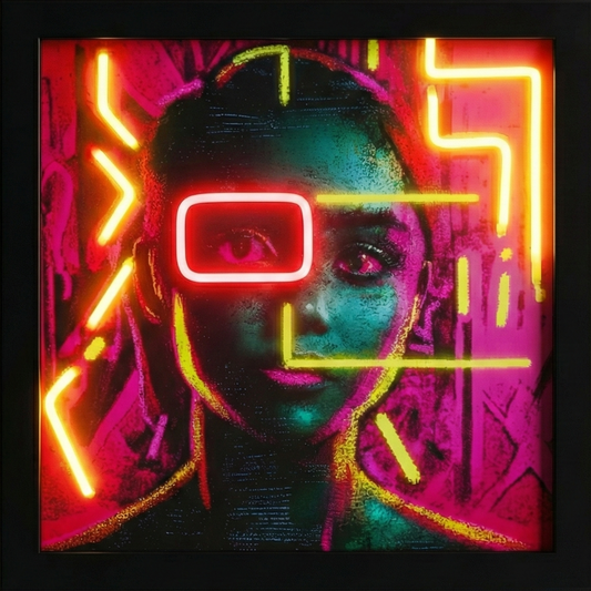 Neon art piece of a person with glowing glasses on a white wall.